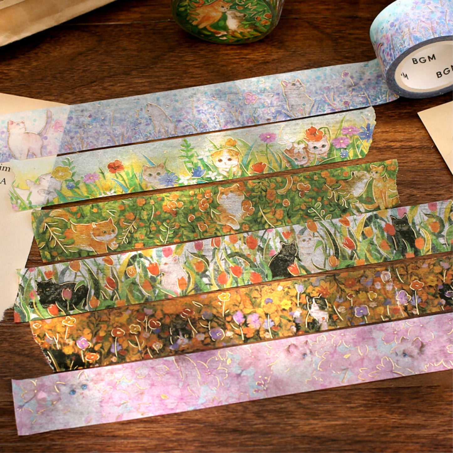 BGM Gold Foiled Flower & Cat Washi Tape - Blossom