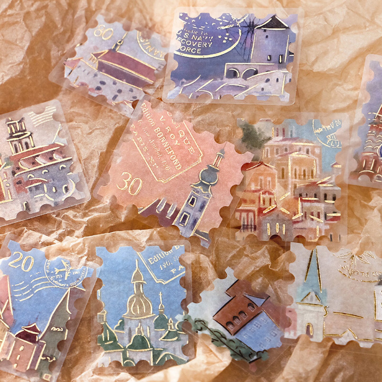 BGM Post Office Postage Stamp Gold Foiled Flake Seal Stickers - Around The World
