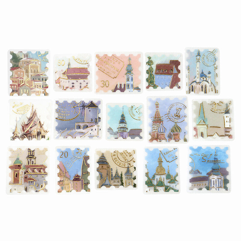 BGM Post Office Postage Stamp Gold Foiled Flake Seal Stickers - Around The World