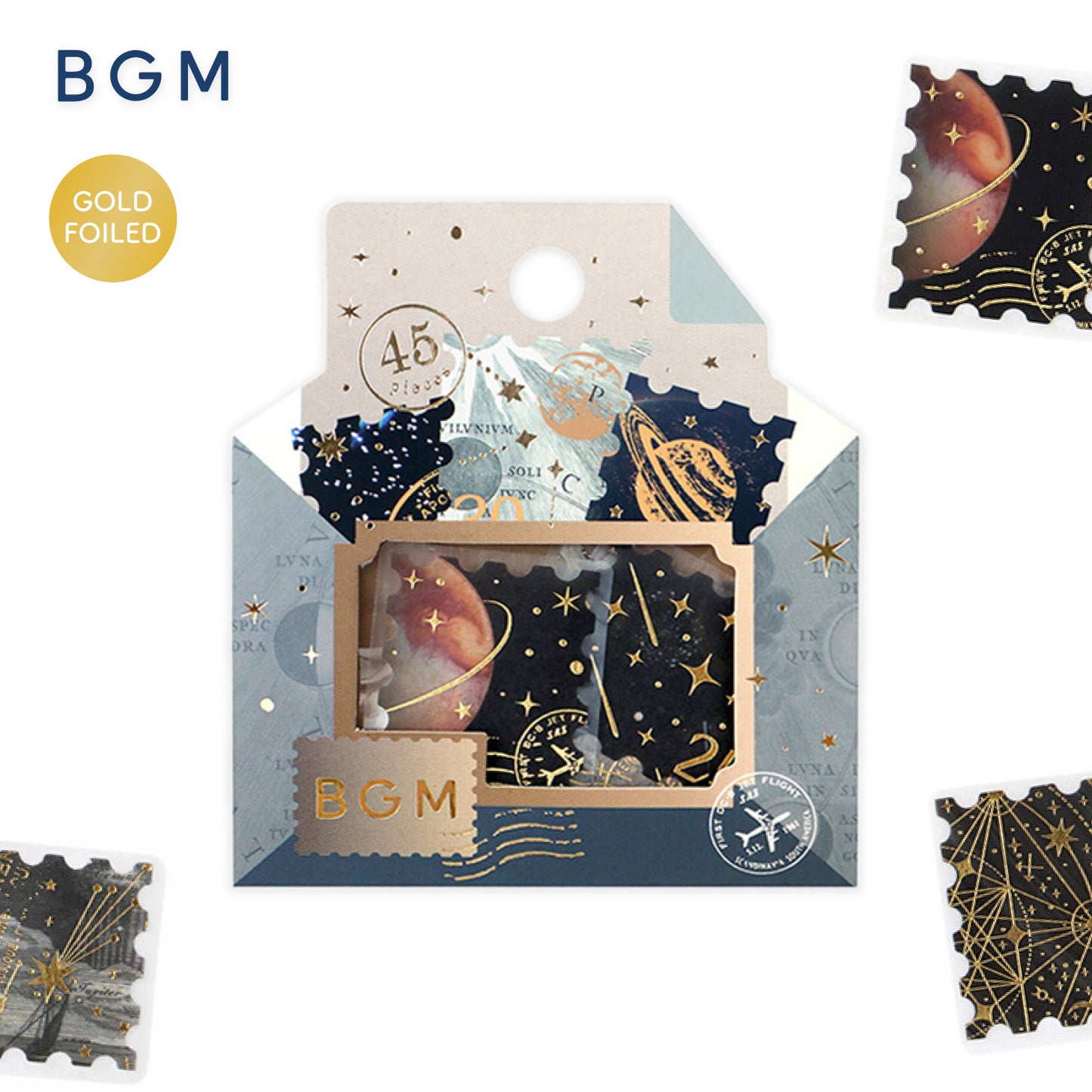 BGM Post Office Postage Stamp Gold Foiled Flake Seal Stickers - Astronomy
