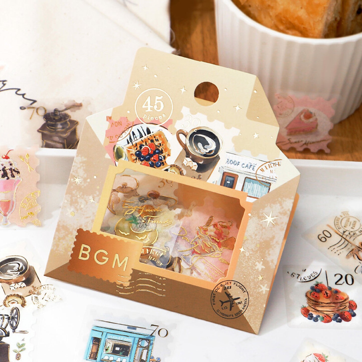 BGM Post Office Postage Stamp Gold Foiled Flake Seal Stickers - Coffee Day