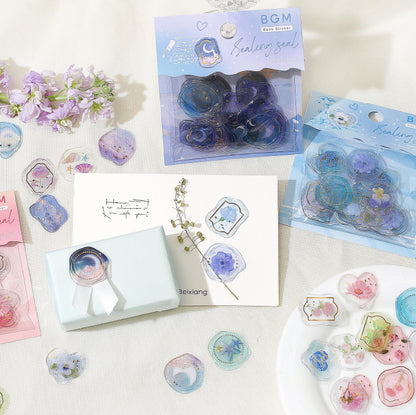 BGM Dream & Floral Clear Faux Wax Seal Flake Stickers - Floral Jewel Box・Blue