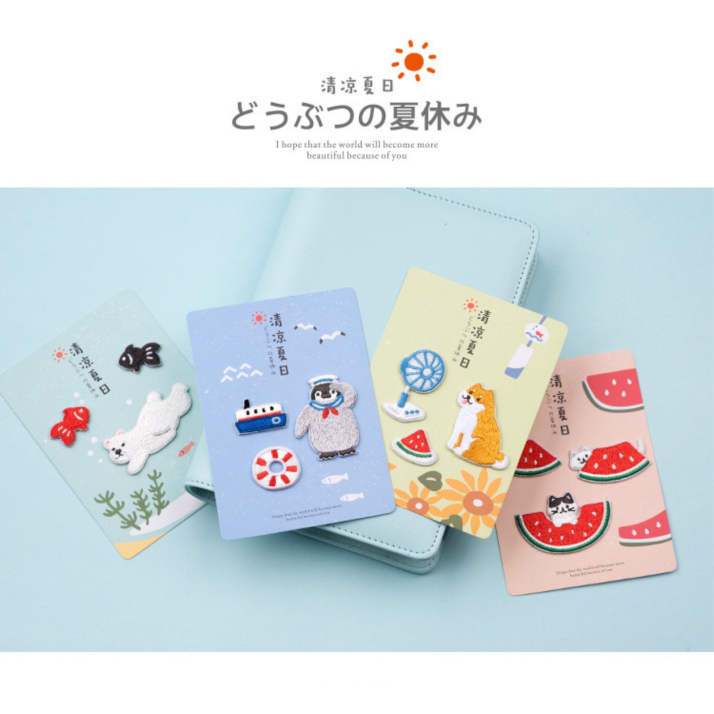 Cute Animal Summer Vacation Embroidery Sticker Patches (3 in 1) - Penguin & Ocean