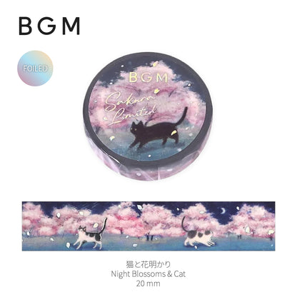 BGM Foiled Sakura Washi Tape 2026 Limited Edition - Night Blossoms & Cat