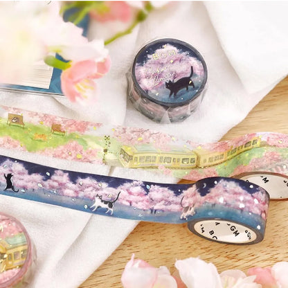 BGM Foiled Sakura Washi Tape 2026 Limited Edition - Night Blossoms & Cat