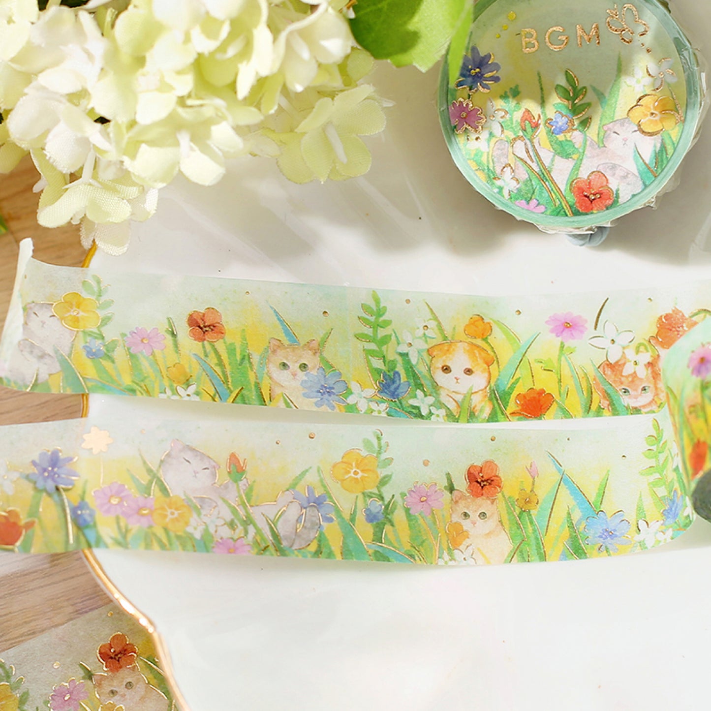 BGM Goldfoiled Flower & Cat Washi Tape - Afternoon Kitty