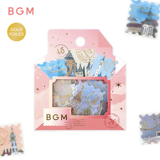 BGM Post Office Postage Stamp Gold Foiled Flake Seal Stickers - Around The World