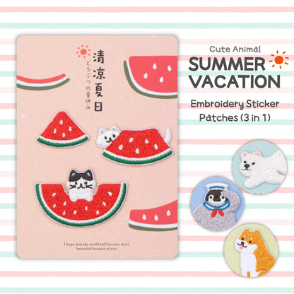 Cute Animal Summer Vacation Embroidery Sticker Patches (3 in 1) - Cat & Watermelon