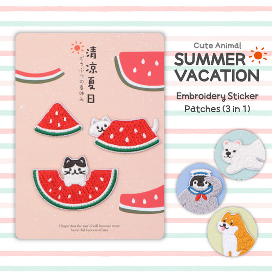 Cute Animal Summer Vacation Embroidery Sticker Patches (3 in 1) - Cat & Watermelon