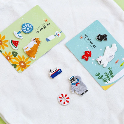 Cute Animal Summer Vacation Embroidery Sticker Patches (3 in 1) - Penguin & Ocean