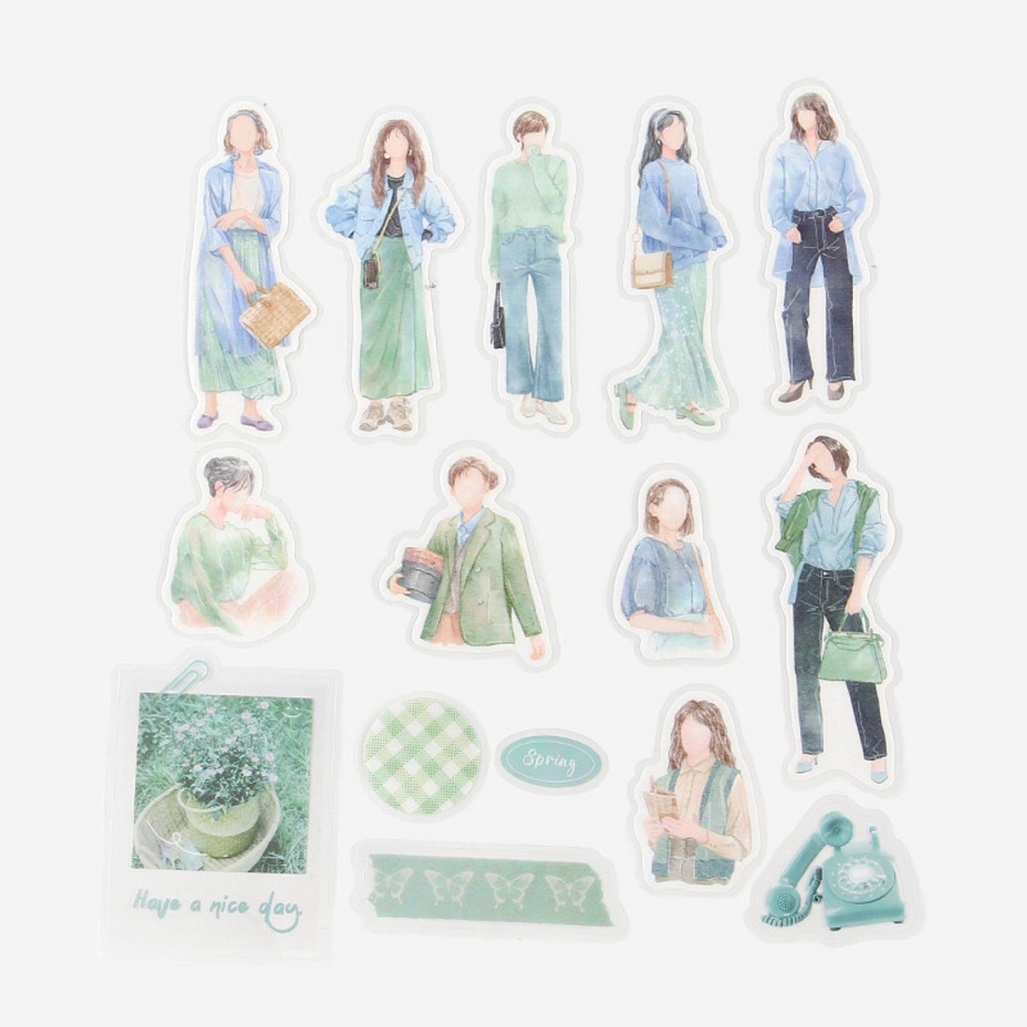 BGM Coordinate Watercolor Fashion Figures Flake Stickers - Green