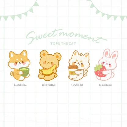 Petit Animals and Tea Time Embroidery Sticker Patch - Shiba & Matcha