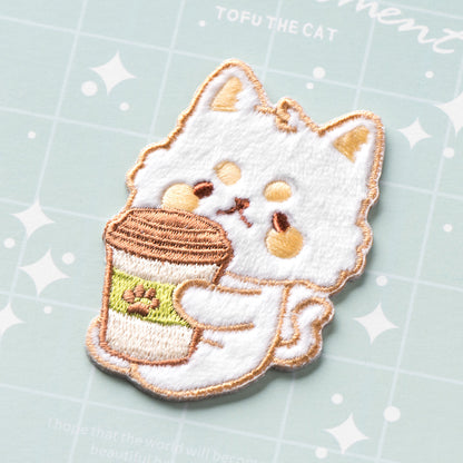 Petit Animals and Tea Time Embroidery Sticker Patch - Kitten & Coffee