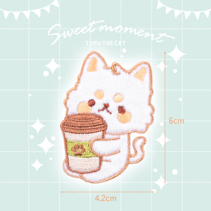 Petit Animals and Tea Time Embroidery Sticker Patch - Kitten & Coffee