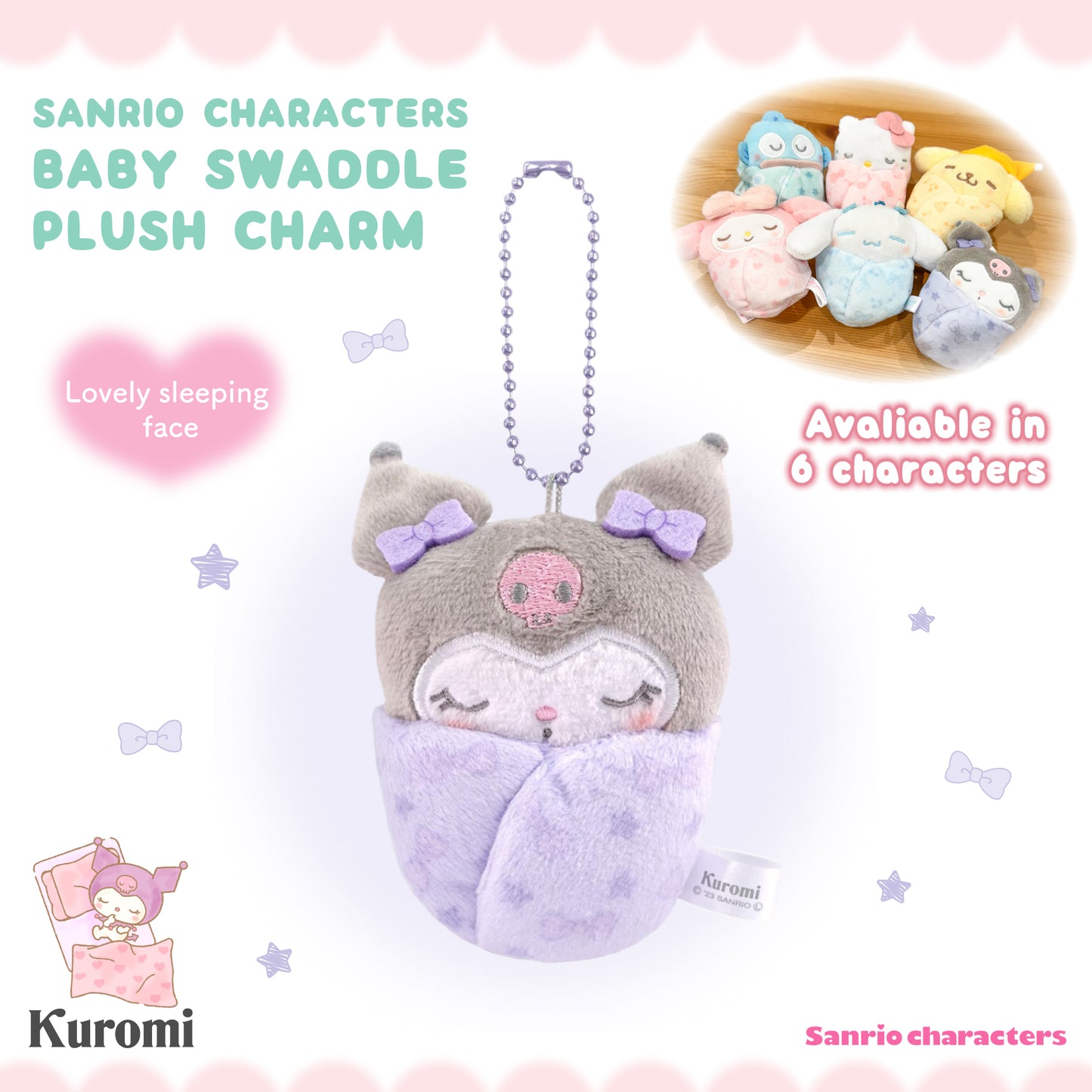 Sanrio Characters Baby Swaddle Plush Charm - Kuromi