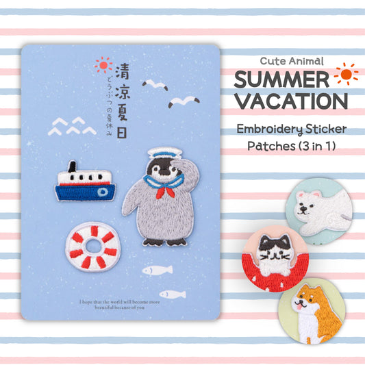 Cute Animal Summer Vacation Embroidery Sticker Patches (3 in 1) - Penguin & Ocean