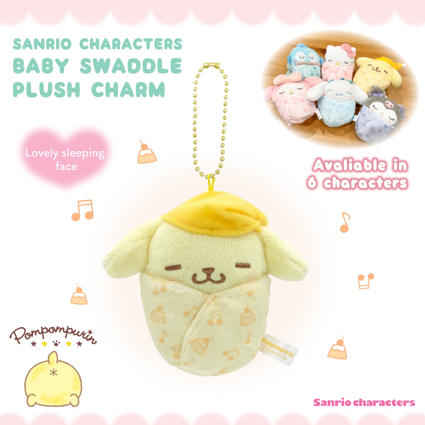 Sanrio Characters Baby Swaddle Plush Charm - Pompompurin