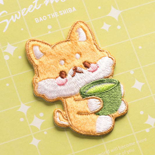 Petit Animals and Tea Time Embroidery Sticker Patch - Shiba & Matcha