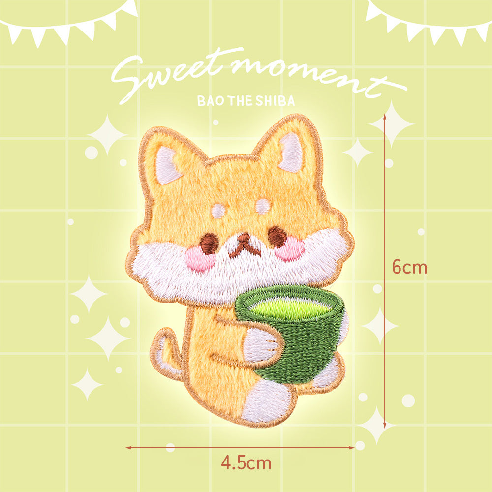 Petit Animals and Tea Time Embroidery Sticker Patch - Shiba & Matcha